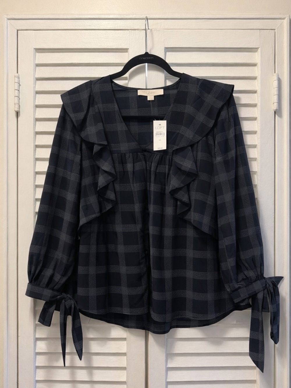 LOFT Navy Plaid Ruffle Tie-Sleeve Top